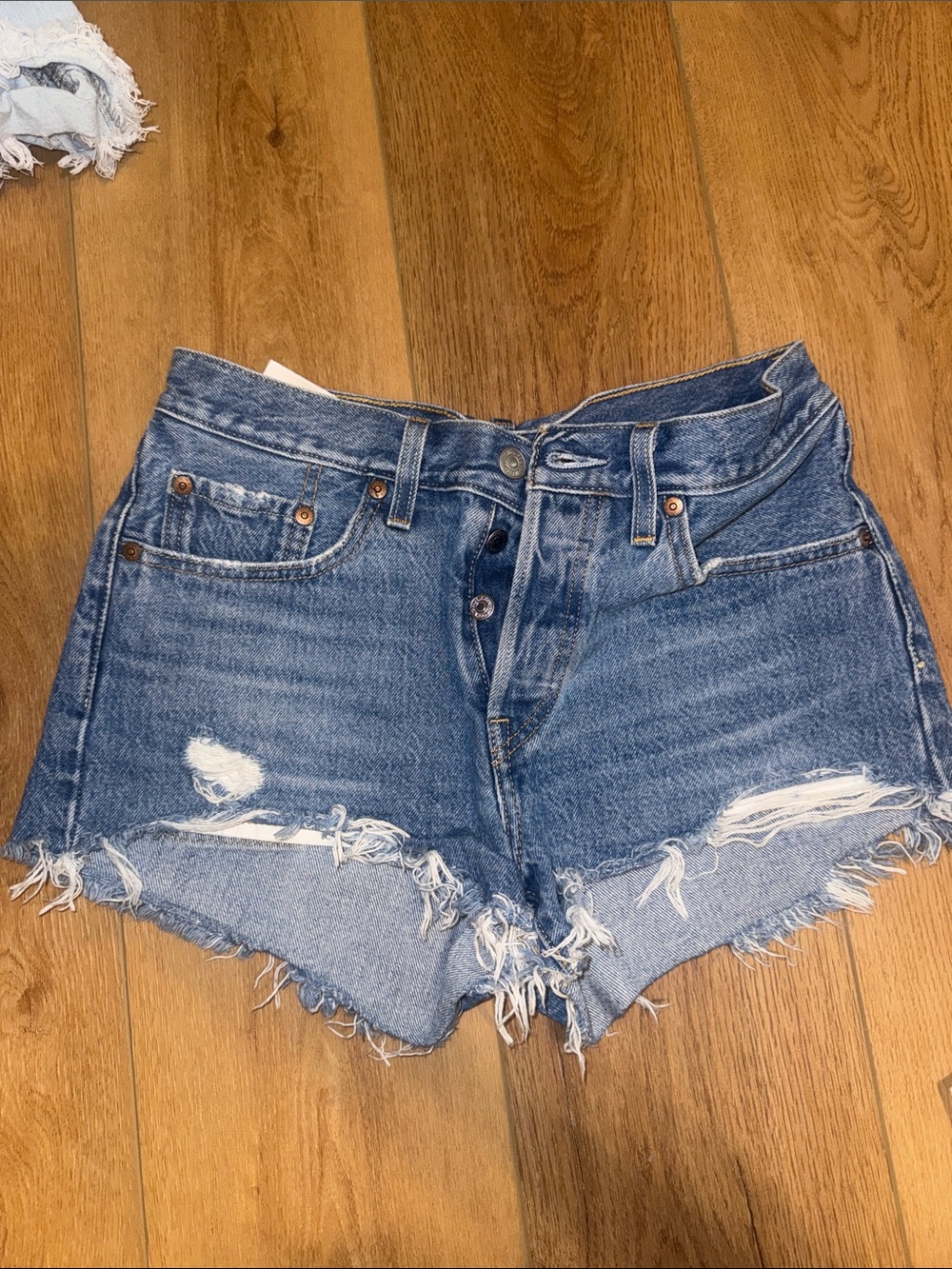 Levi's 501 Ribcage Distressed High-Rise Blue Denim Cutoff Shorts